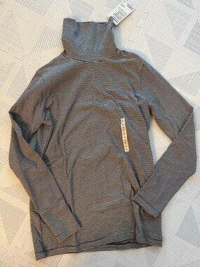 NWT Muji Women's Brushed Ribbed Turtleneck Long Sleeve Striped T-Shirt L Black
